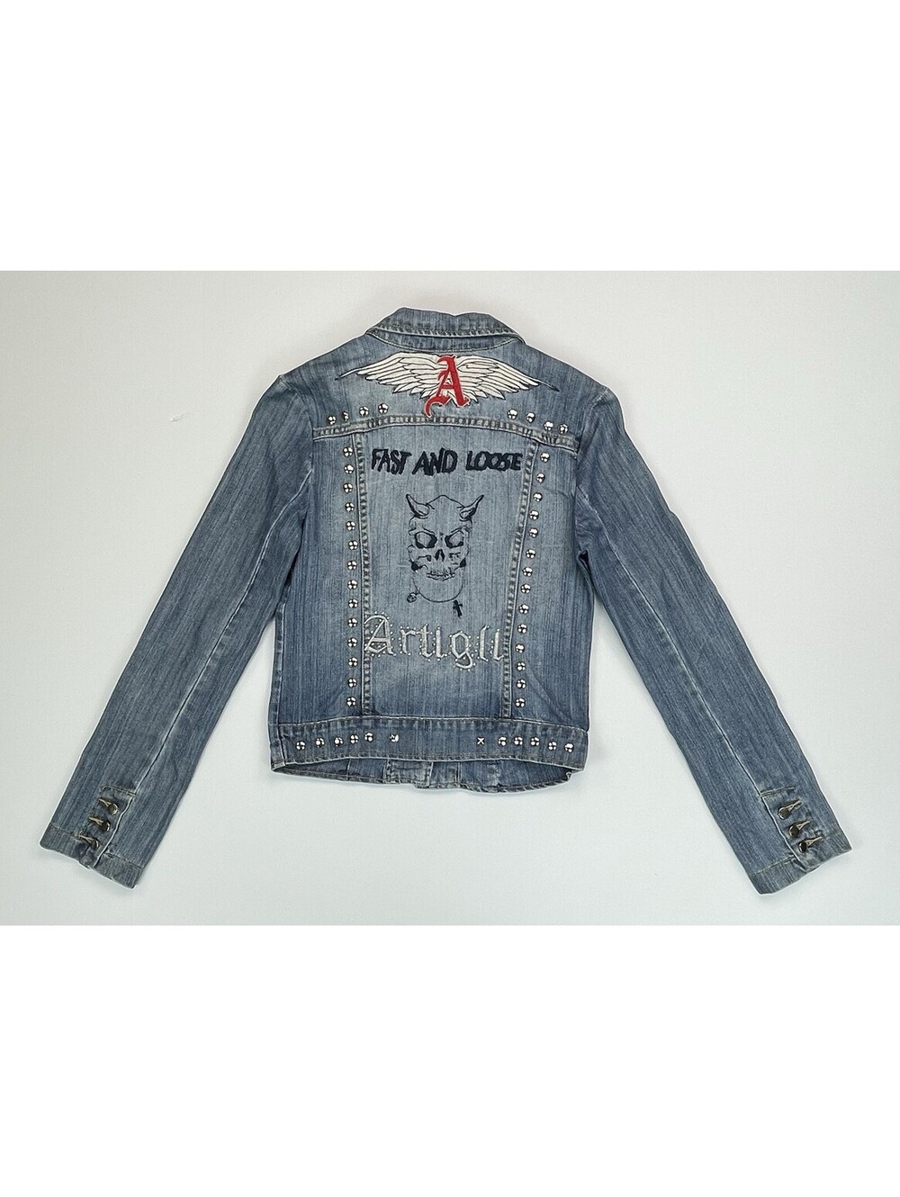 Vintage Y2K Artigli Jeans Studded Skull Denim Jacket Blazer Goth Bling Grunge S